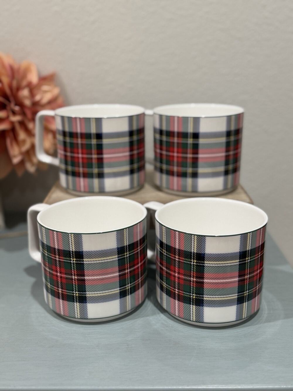 4-NWT Mikasa Tartan Holiday White Plaid Design Bone China Stackable Mugs Set